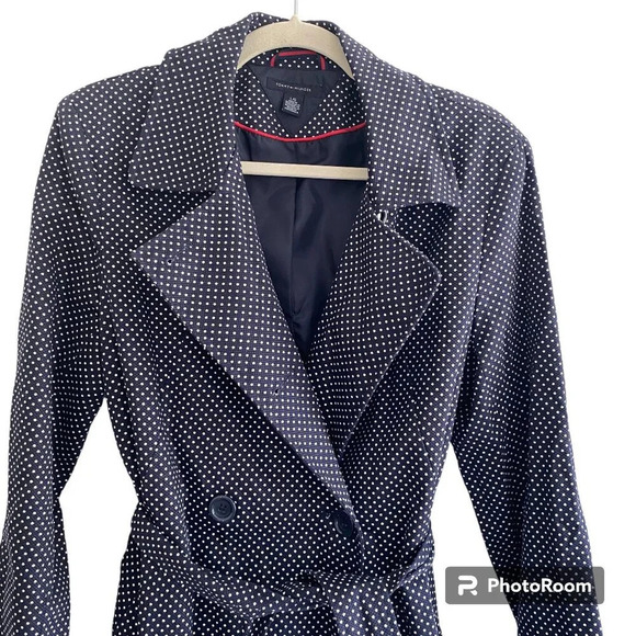 TOMMY Hilfiger Double Breasted Polka Dot Belted Trench Coat Navy & White Size L - Picture 5 of 12